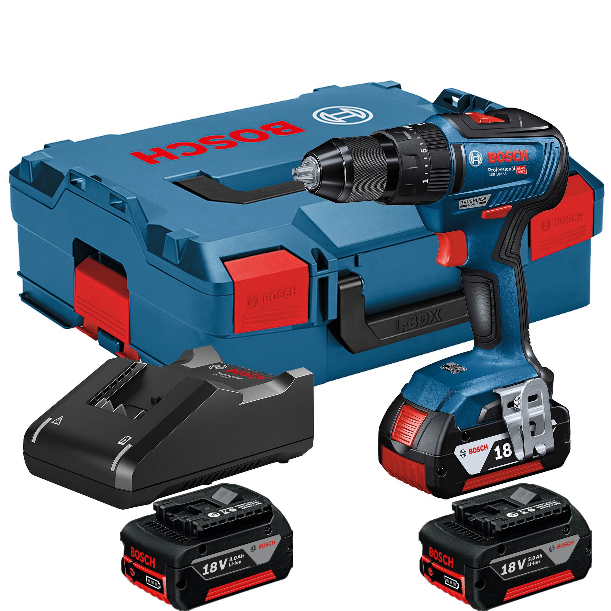 BOSCH GSB18V-55 18v Brushless Combi Drill With 3x3ah Batteries ...