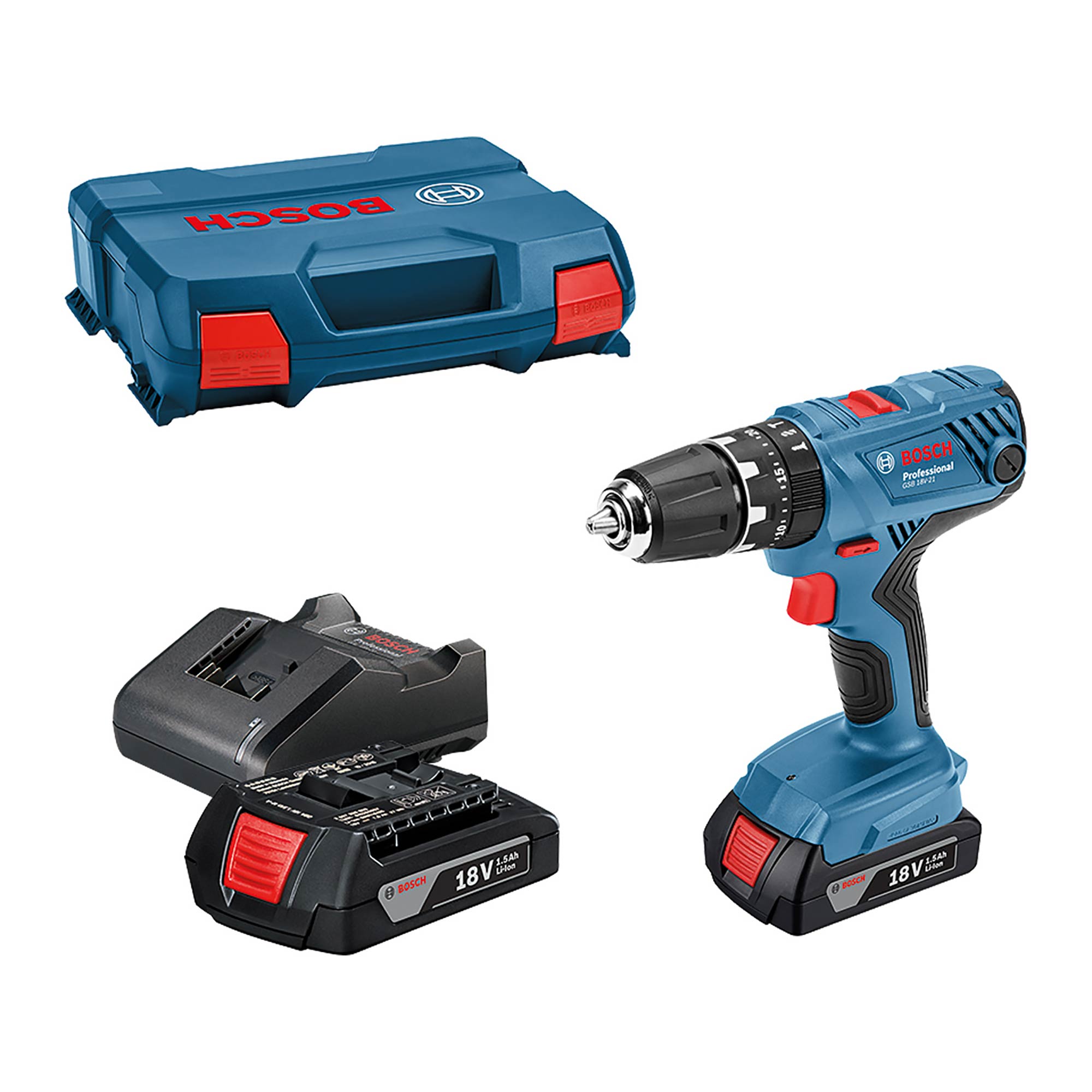 BOSCH GSB18V-21 18v Combi Drill With 2x1.5ah Batteries - ToolStore UK