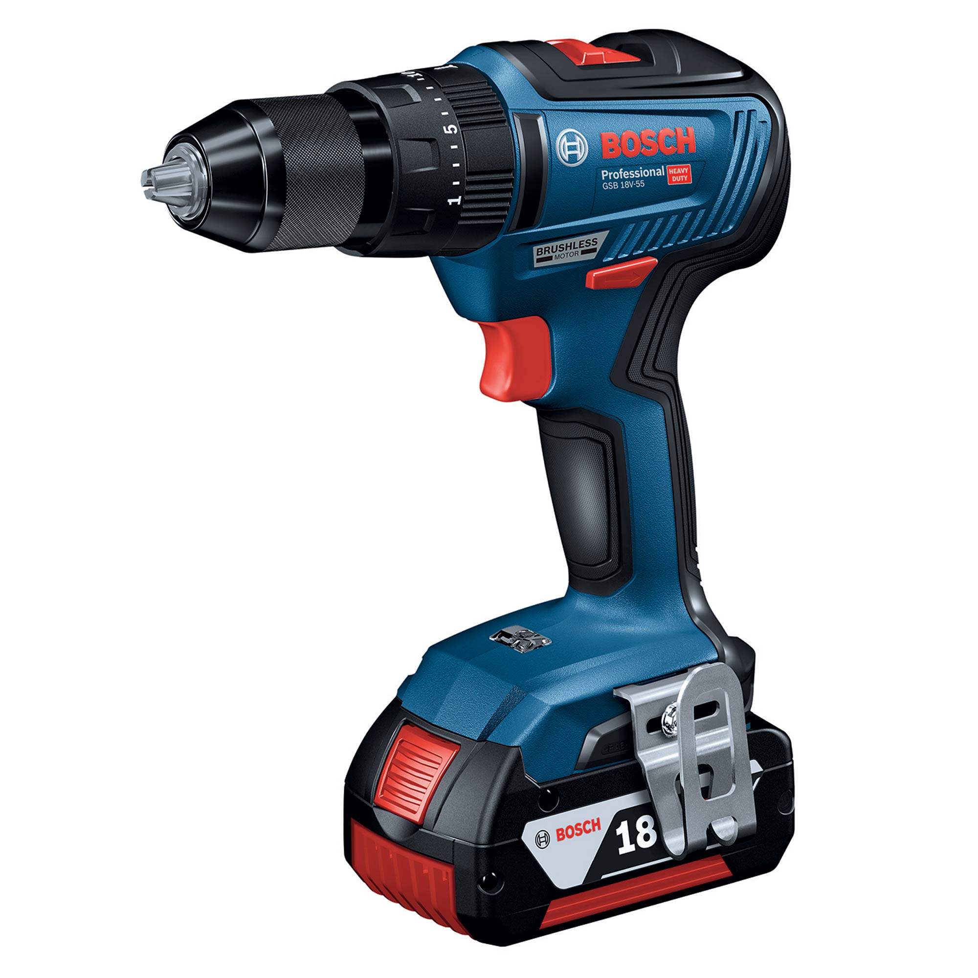 BOSCH GSB18V-55 18v Brushless Combi Drill With 2x4ah Batteries + LBoxx ...