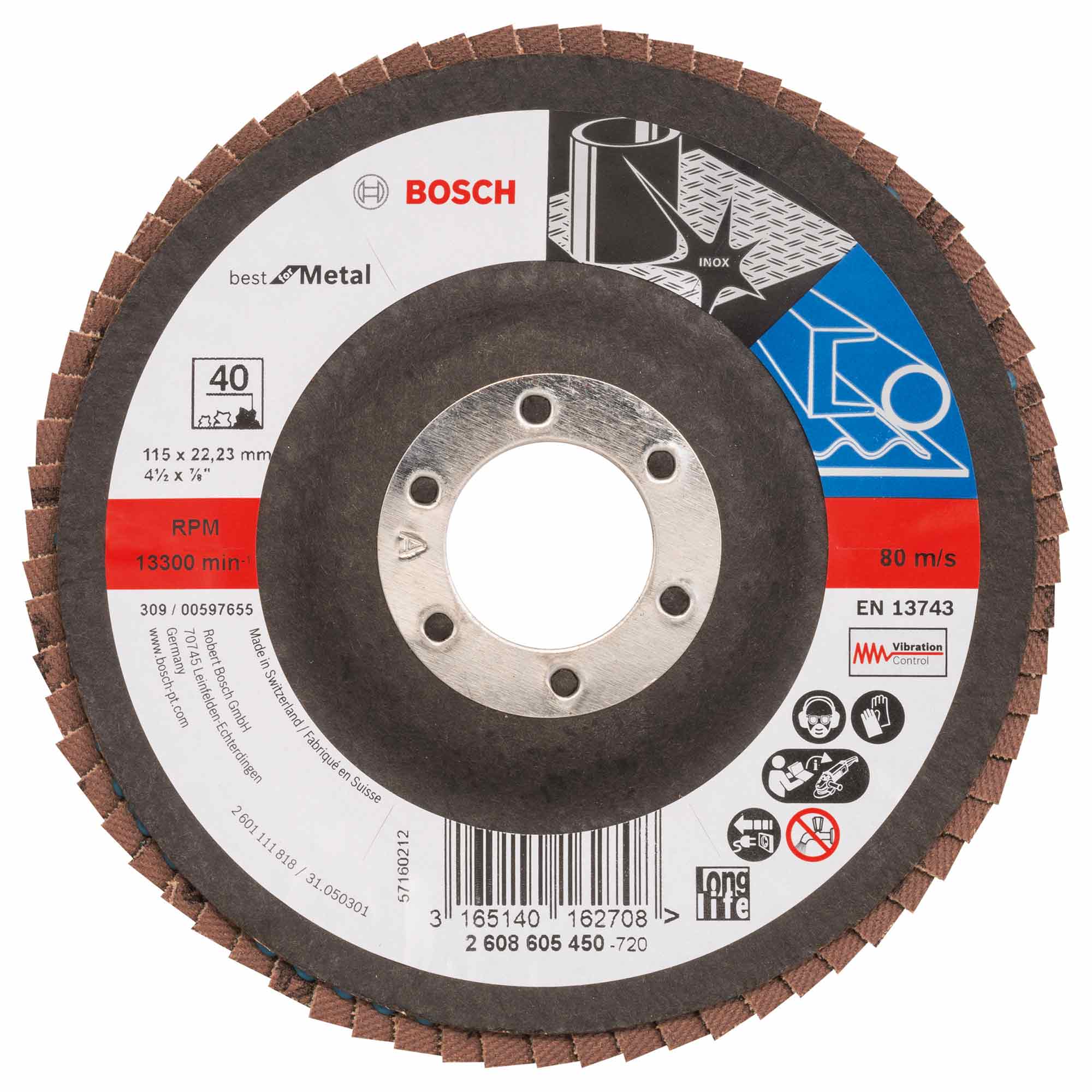 BOSCH 2608605450 115mm x 22mm Flap Disc 40G - ToolStore UK