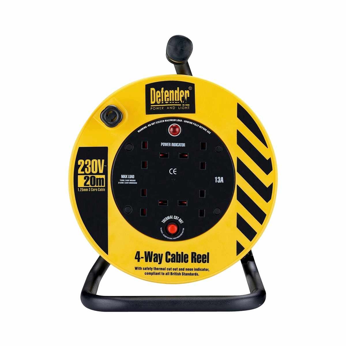 DEFENDER E86465 20m 1.25mm 4x13A 240v Cable Reel - ToolStore UK